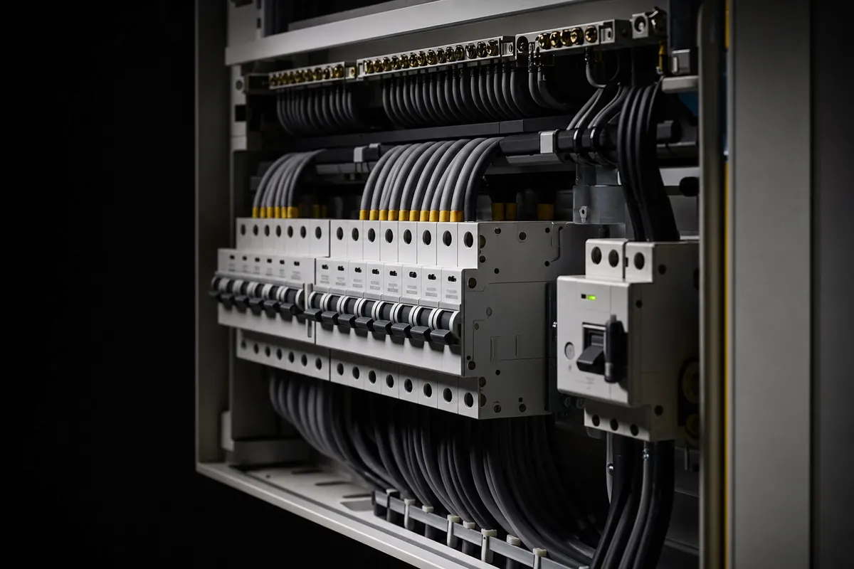 Neatly wired modern consumer unit with tidy cable management